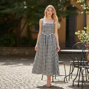WAYF Gracie Gingham Midi Dress 8 Linen Blend Black White Prairie Cottagecore
